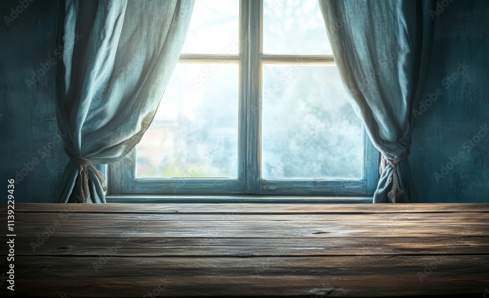 Poster Rustic wooden table in front of a window with blue curtains.