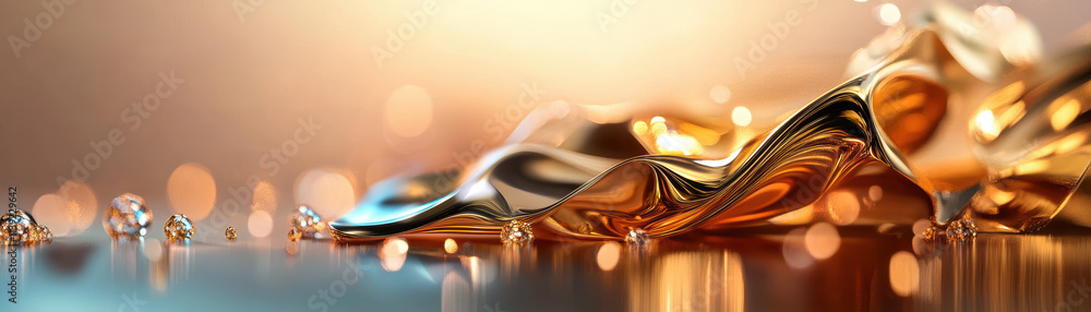 Poster dynamic flow of golden liquid abstract art visual composition studio setting macro viewpoint luxury 
