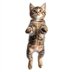 Obraz premium A playful tabby kitten is caught mid-leap, showcasing its adorable features and lively spirit against a clean white background.