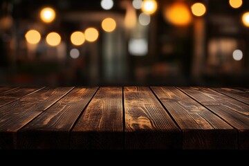 Dark wooden table with blurred night bokeh background.