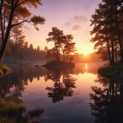 Obraz premium Sunset over a serene lake with trees surrounding it, lake, scenery, landscape