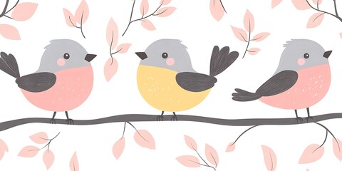 Naklejka premium Three cute birds perched on a branch with pink leaves.