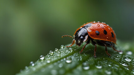 Fototapeta premium Ladybug on a lush leaf, surrounded by dewdrops, bathed in soft morning light, capturing the beauty of nature in a serene moment.