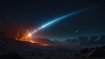 A breathtaking scene of a glowing comet streaking across the night sky, illuminating a vast, barren alien landscape.