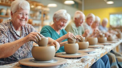 Seniors enjoying pottery class and sharing smiles.