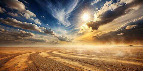 Sunset over a vast, sandy plain with tire tracks and a hazy, dramatic sky