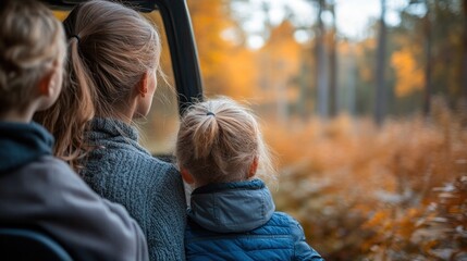 A family enjoying a serene moment in a forest during autumn.