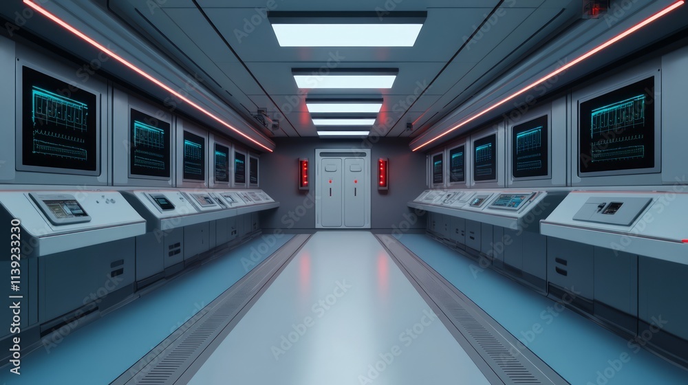 Poster futuristic high-tech corridor with monitors and control panels in a science fiction environment feat