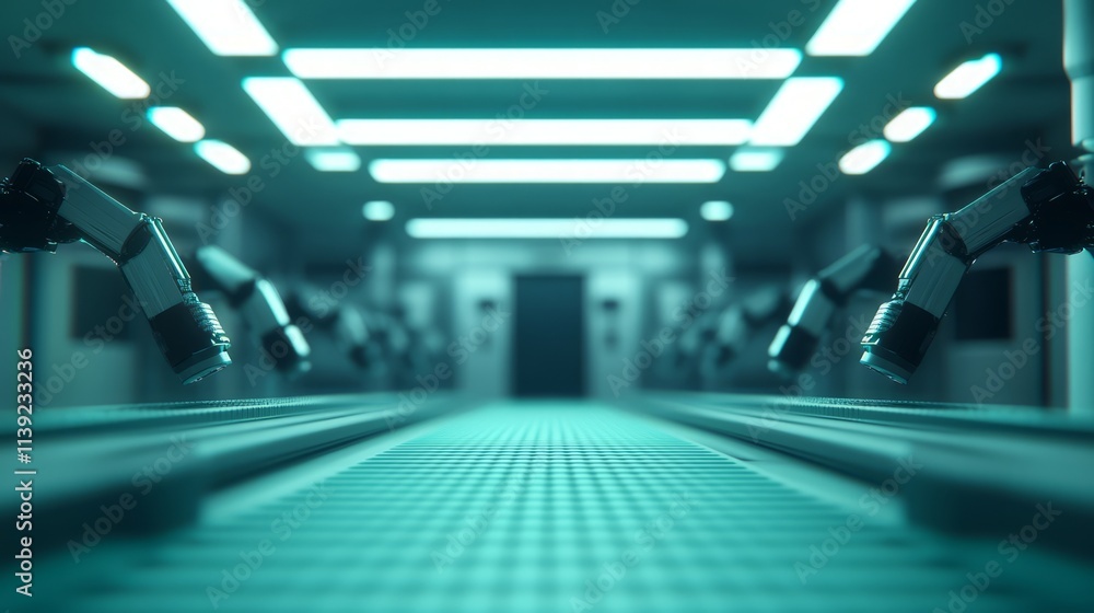 Aufkleber futuristic robotic automation in a high-tech industrial environment with sleek conveyor belt systems