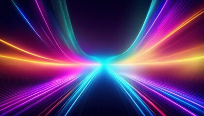 Fototapeta premium Abstract Neon Tunnel: A mesmerizing digital abstract of vibrant neon streaks converging into a glowing tunnel, creating an immersive and futuristic visual experience. This image evokes speed, energy.