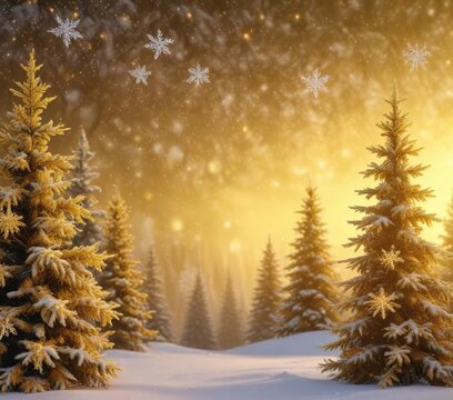 Yellow glitter holiday backdrop with elegant snowflakes and frosty pine trees, peaceful scene, snow-covered trees, wintery ambiance