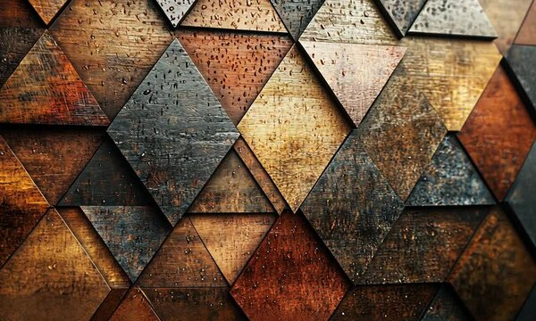 A textured surface featuring interlocking triangles in various wood tones and finishes.