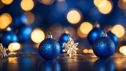 Fototapeta premium Shimmering blue Christmas balls with blurry golden lights in the background for holiday invites and Christmas cards