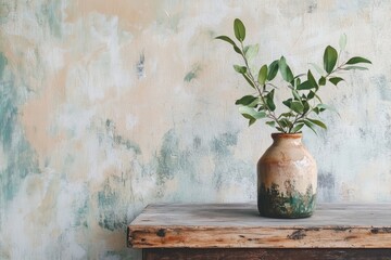 Green leaves in a rustic vase on wooden table