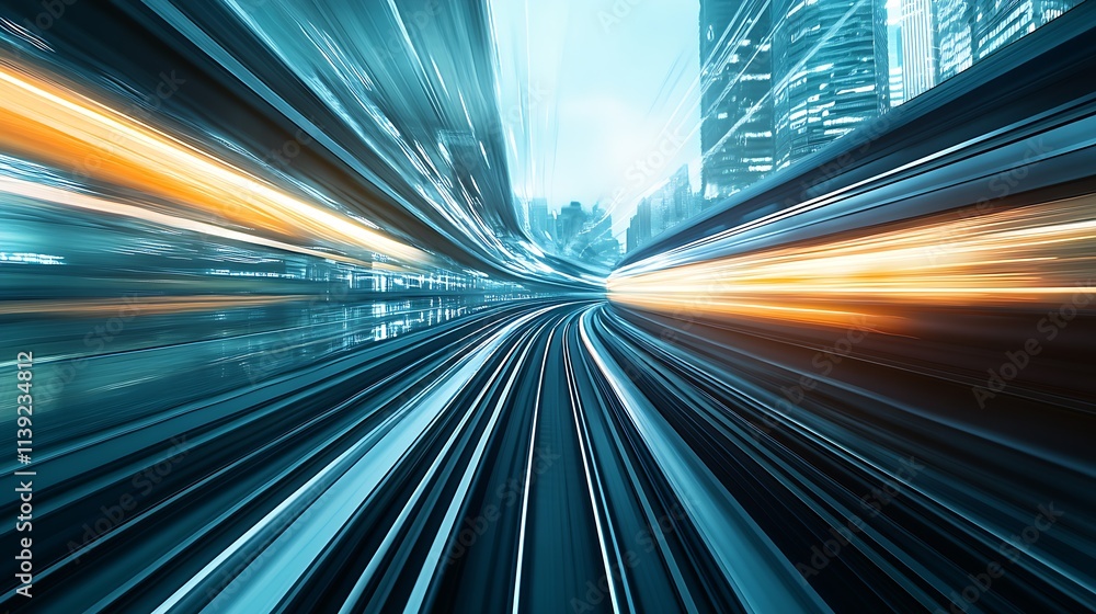 Poster dynamic speed and motion of futuristic train in urban cityscape with neon lights : generative ai