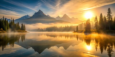 Fototapeta premium Serene sunrise over a tranquil lake, reflecting majestic mountain peaks and misty forest