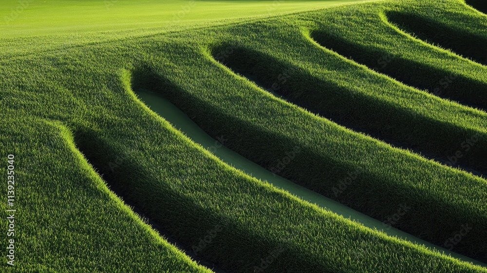Poster lush green grass waves with smooth curves and intricate patterns captured under natural light for na