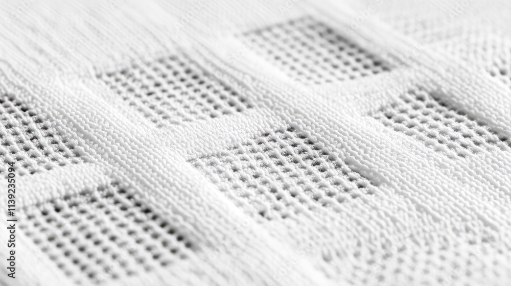 Poster close-up view of textured white fabric in woven pattern featuring lattice design with intricate deta