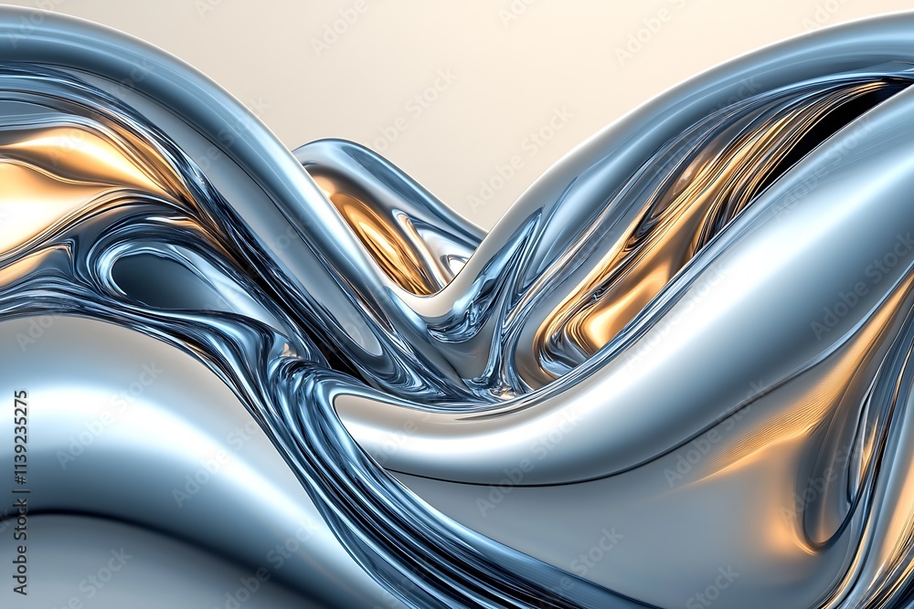 Poster futuristic metallic abstract waves in glossy silver and gold finish seamlessly flowing art : generat