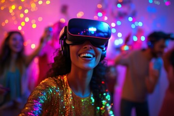 Woman in VR headset at vibrant party, glittering attire. Captures the excitement of virtual reality experiences in social settings.