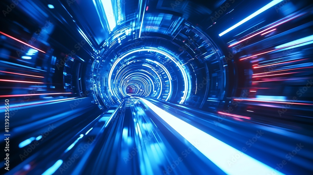 Poster futuristic light tunnel with blue and red neon motion effects : generative ai