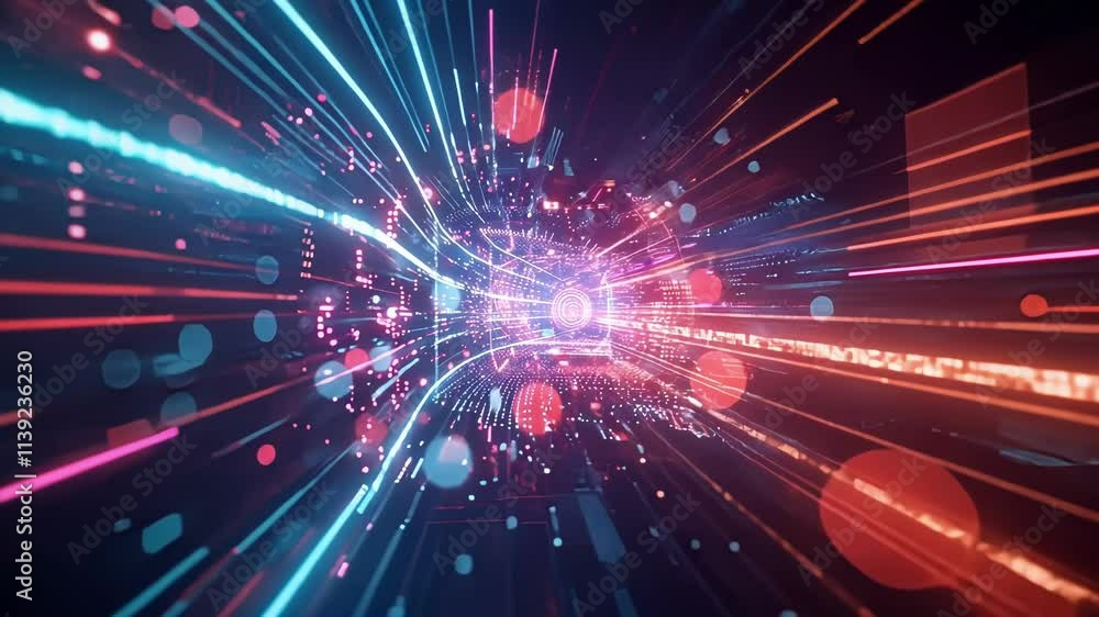 Poster glowing lines of code and data are rapidly flowing through a digital tunnel, creating a futuristic v