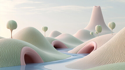 Dreamlike morning scene with surreal mouth-inspired shapes and soft pastel tones
