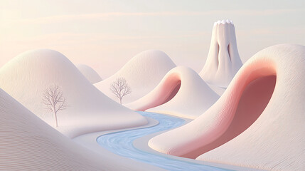 Smooth-textured tongue hills, saliva river, and pastel skies in a surreal setting