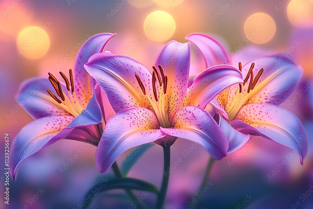 Aufkleber elegant pink lilies with warm bokeh light background for nature photography : generative ai