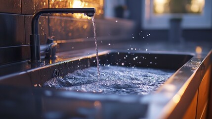 Water Flowing into a Modern Sink at Sunset