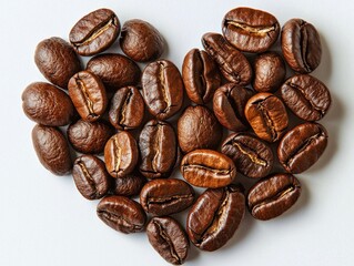 Artistic coffee heart made of roasted beans studio setting close-up photography warm color palette food concept