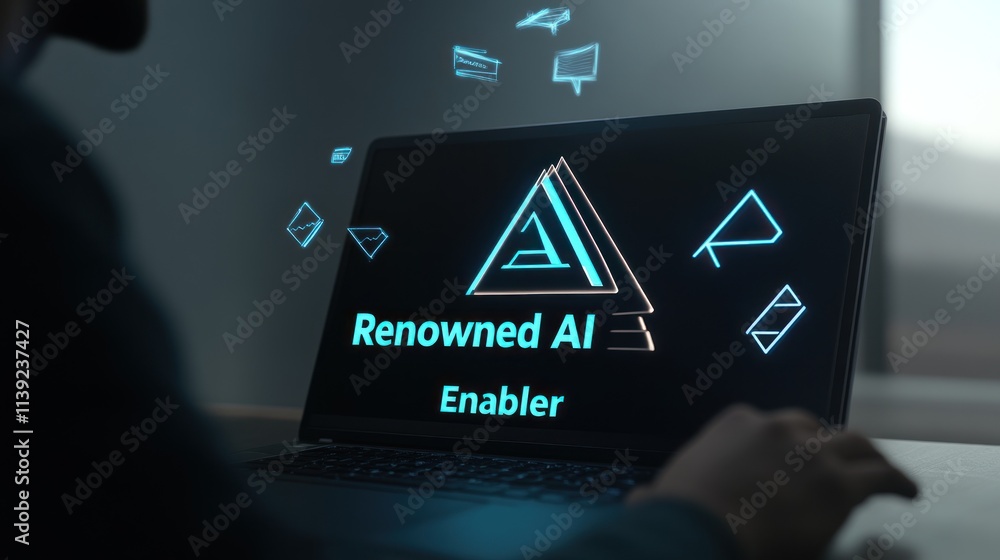 Poster person using laptop with ai interface.