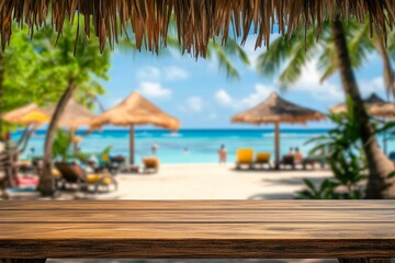 Wooden table overlooking blurred tropical beach scene.