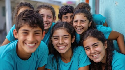 Obraz premium Happy diverse group of teenagers smiling together, wearing teal shirts. Perfect for themes of friendship, youth, and community.