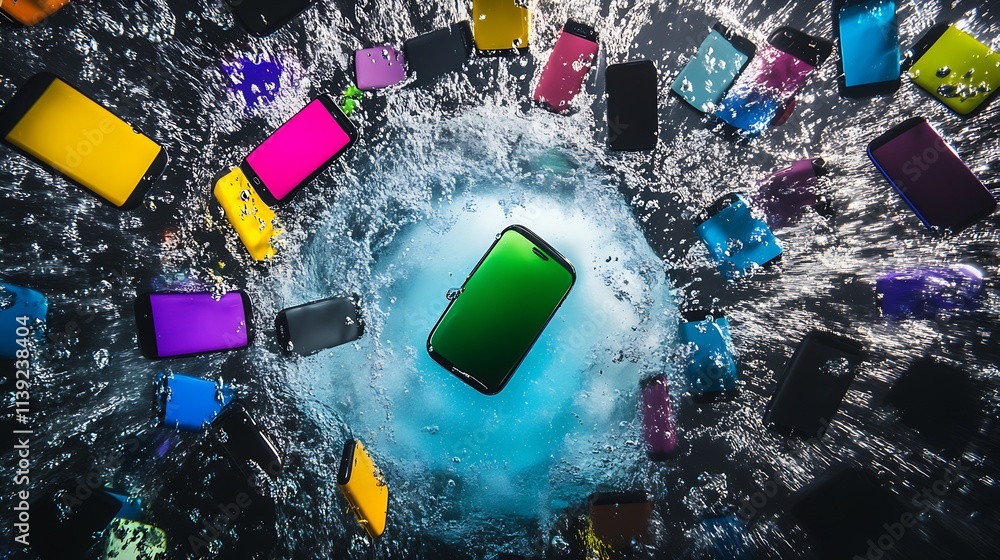 Aufkleber Exploding Smartphones in Water Capturing the Vibrancy of Technology : Generative AI