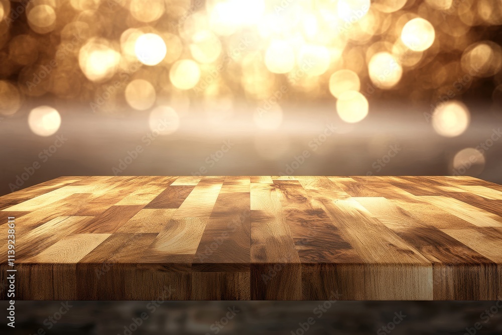 Poster empty wooden table against blurred golden bokeh background.