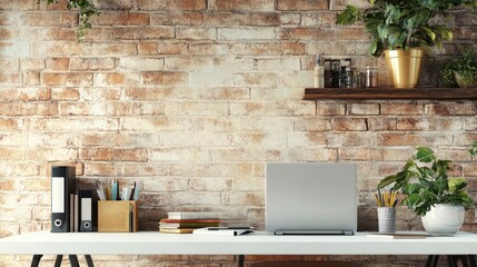 Modern Home Office Workspace with Brick Wall Background