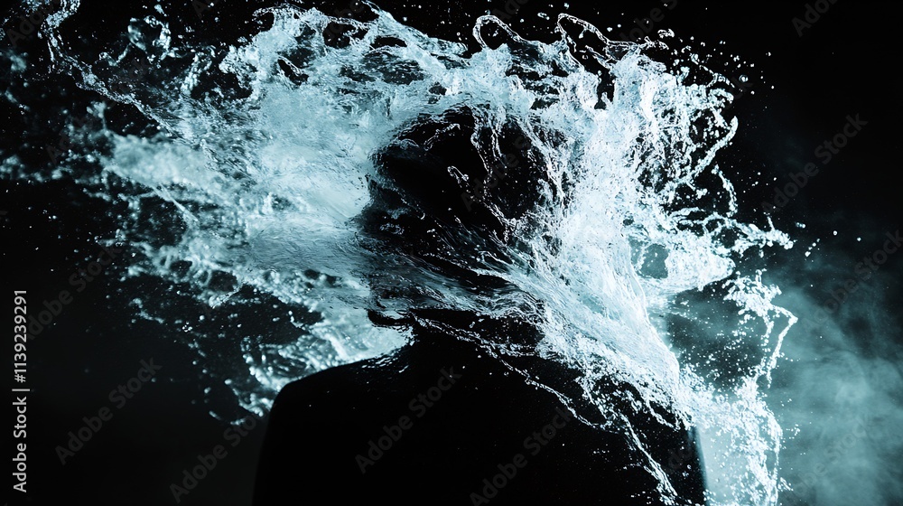 Poster Dynamic Splash Art of Water Colliding Against Silhouette Creating Abstract Motion and Energy : Generative AI