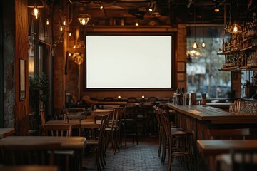 Rustic bar interior with blank screen, wooden tables, and chairs. Perfect for menu, advertisement, or promotional designs.