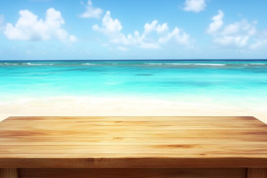 Empty wooden table with beach background. - Powered by Adobe