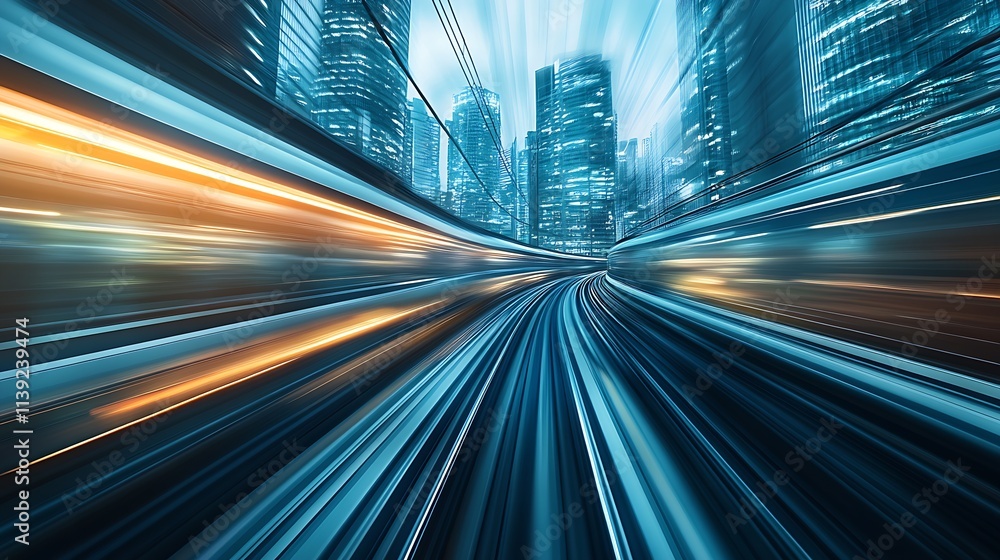 Poster impressive urban rail speed with modern skyscrapers in motion blur at night : generative ai