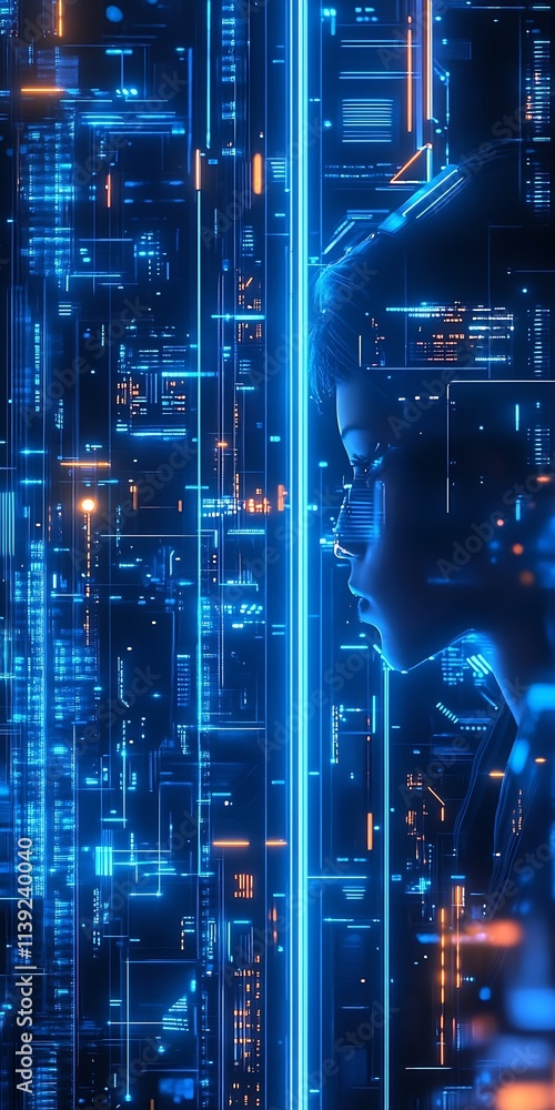 Poster futuristic cybernetic profile with neon blue and orange circuitry design : generative ai