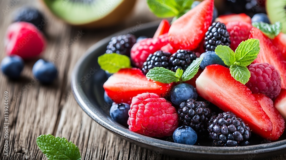 Poster plate of mixed berries with strawberries raspberries and blueberries on wooden table : generative ai