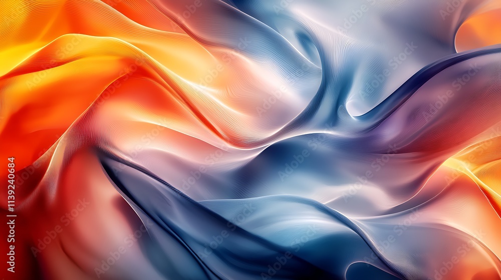 Poster abstract fluid art featuring dynamic swirling orange and blue waves in vibrant harmony : generative 
