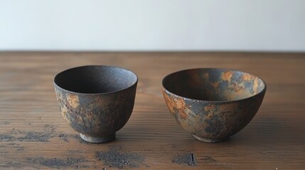 Rustic Iron Bowls on Wooden Table with Grainy Surface, Showcasing Unique Textures and Earthy Tones, Perfect for Minimalist or Industrial Home Decor