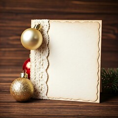 An aged paper card with a lace border, adorned with gold and red Christmas ornaments, on a dark wood table, with space for text or image.
