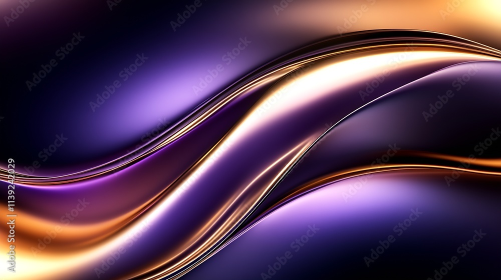 Poster abstract digital art with flowing metallic waves in vibrant purple and gold hues : generative ai