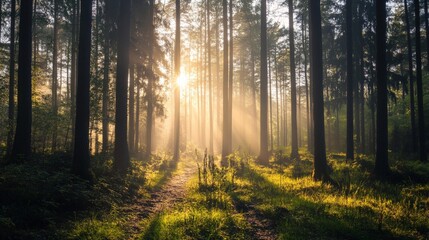Sunlight streaming through the trees in a forest.