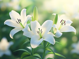 Fototapeta premium Elegant White Lily Flowers Blossoming Amidst Vibrant Green Leaves : Generative AI
