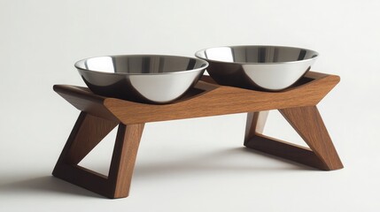Elegant Modern Pet Feeding Station Featuring Stylish Wooden Base with Two Stainless Steel Bowls for Cats and Dogs in Minimalist Design